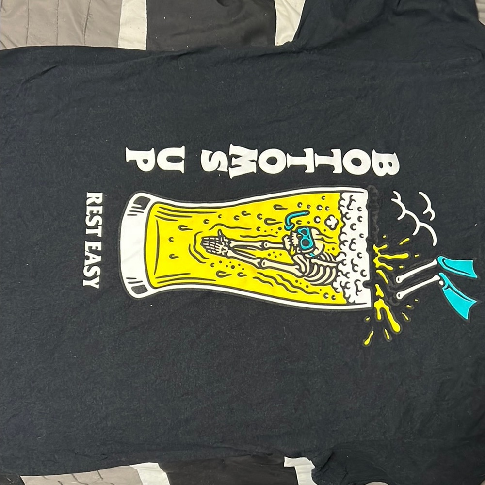 Black Graphic T-Shirt with Yellow and Blue Design